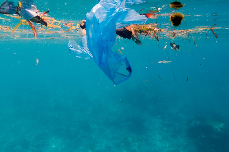 Lixo plástico no oceano e praias